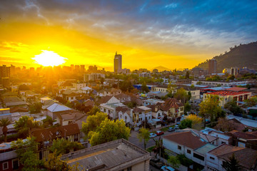 Aeriel view of capital city Santiago de Chile in sunset, Chile, South America