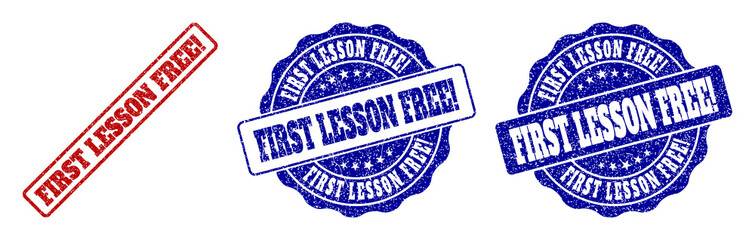 FIRST LESSON FREE! scratched stamp seals in red and blue colors. Vector FIRST LESSON FREE! labels with grainy texture. Graphic elements are rounded rectangles, rosettes, circles and text labels.