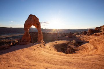Beautiful landscape of the unique sandstone rock formation in the desert during a sunny sunset....