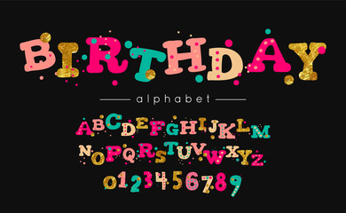 Birthday vector font and alphabet. Type with colorful letters and numerals