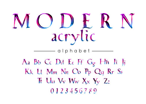Modern acrylic handwritten alphabet. Stylish lettering font uppercase, lowercase, numbers and symbols. Vector calligraphy for wedding greeting card and invitation.