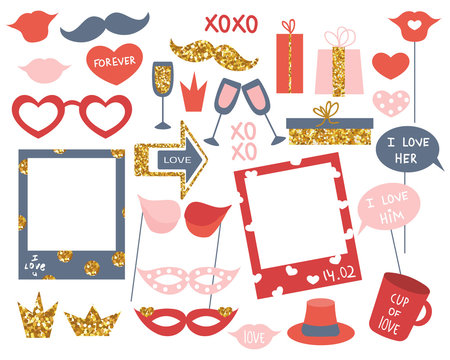 Set of photo booth props for Valentine's Day or other party. Vector hand drawn illustration.