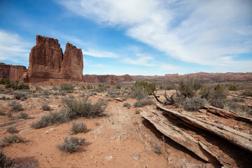 Landscape view of beautiful red rock canyon formations during a vibrant sunny day. Taken in Arches National Park, located near Moab, Utah, United States.