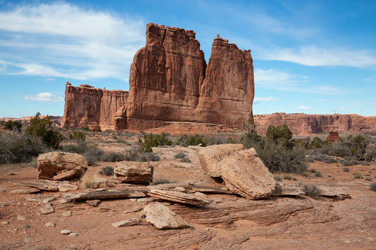 Landscape view of beautiful red rock canyon formations during a vibrant sunny day. Taken in Arches National Park, located near Moab, Utah, United States. © edb3_16