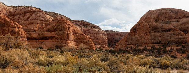 Fototapeta na wymiar Panoramic Landscape view of a canyon in the desert during a vibrant day. Locaten near La Sal, Utah, United States.