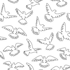 Pigeons fly. Line drawing. A flock of flying birds. Seamless pattern.
