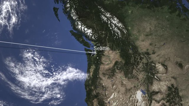 Route of a commercial plane flying to Seattle, United States on the map. Intro 3D animation