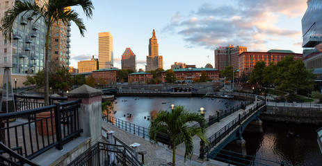 Downtown Providence, Rhode Island, United States - October 25, 2018: Panoramic view of a modern...