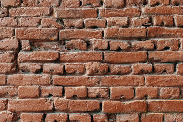Old brick wall. Background of their old red brown clay bricks and traced lines. Ready background for your text and design