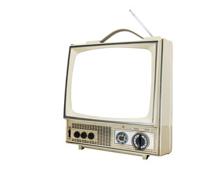 Worn vintage portable television isolated on white with cut out screen.