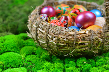 Beautiful background with an Easter basket with eggs
