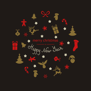 Merry Christmas and Happy New Year card with holiday pattern.