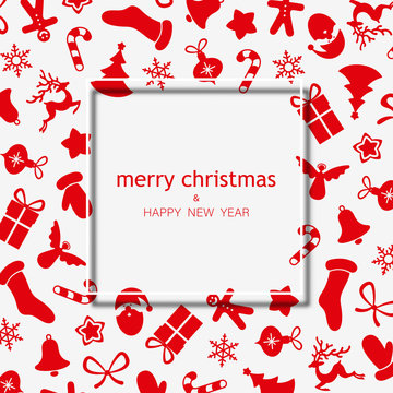 Merry Christmas And Happy New Year Greeting Card With Red Holiday Pattern.
