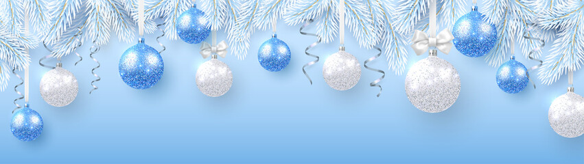 Blue Christmas and New Year banner with white fir branches, shiny Christmas balls and confetti.