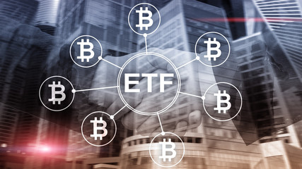 Bitcoin ETF cryptocurrency trading and investment concept on double exposure background.