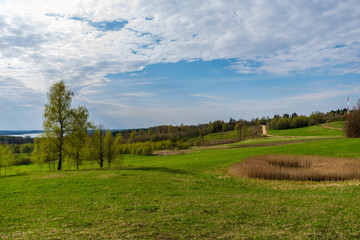 Fototapeta na wymiar plain simple countryside spring landscape with fresh green meadows and forests