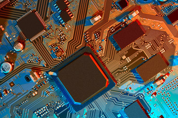 Electronic circuit board close up.