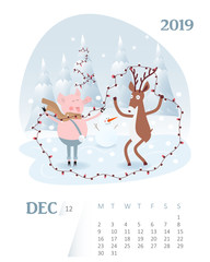 Calendar 2019. Cute December month cartoon calendar with pig character.
