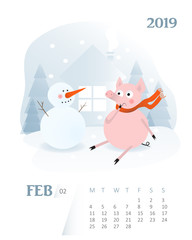 Calendar 2019. Cute February month cartoon calendar with pig character