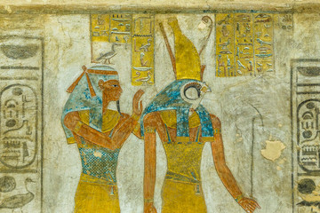 Ancient Mural of the egyptian goddess Maat and the god Horus