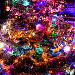 Christmas Tree at Night, decorated with lights and glass decoration, with blue and pink accent, close view, as background