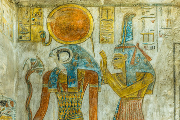 Ancient Painting of the egyptian god Ra and Maat in a tomb