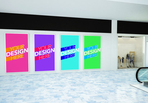 Four Vertical Advertisements in Mall Mockup