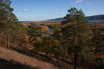 Fototapeta na wymiar View on the Volga river and Zhiguli hills. The Autumn.