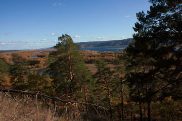 View on the Volga river and Zhiguli hills. The Autumn.