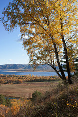 View on the Volga river and Zhiguli hills. The Autumn.