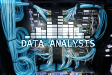 Big Data analysis text on server room background. Internet and modern technology concept.