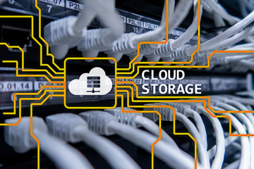 Cloud data storage concept on server room background.