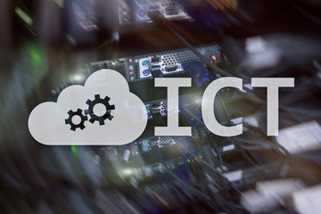 ICT - information and communications technology concept on server room background.