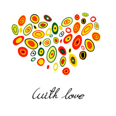 Heart of colored elements in the style of Gustav Klimt. On a white background isolated. With an inscription by hand. With love.