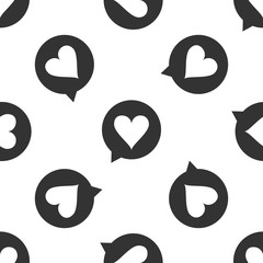 Heart in speech bubble icon seamless pattern on white background. Heart shape in message bubble. Love sign. Valentines day symbol. Flat design. Vector Illustration