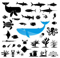 Fototapeta premium Duży zbiór geometrycznie stylizowanych ikon zwierząt morskich. Piktogram ikony reprezentujące podwodny świat. Duże ryby, ryby akwariowe, wodorosty, skorupiaki, muszle.