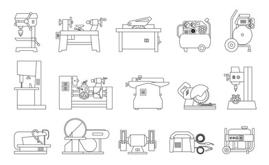 Icon collection of electric machine tools  for wood, metal, plastic, stone. Machines used in production in various types of industry.