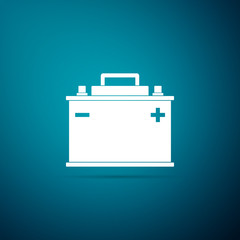 Car battery icon isolated on blue background. Accumulator battery energy power and electricity accumulator battery. Flat design. Vector Illustration