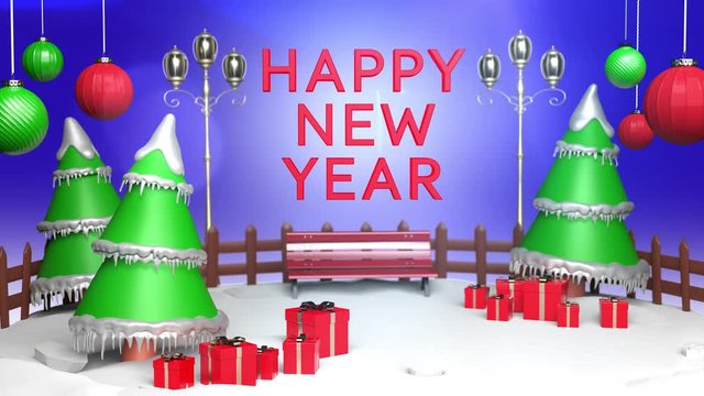 Happy New Year Scene With Xmas,Noel Tree And Red Gift Box On Blue Cyc. 
It's 3D Animation Scene.