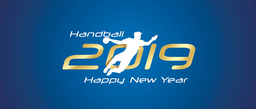 Handball silhouette 2019 Happy New Year gold white logo icon blue background