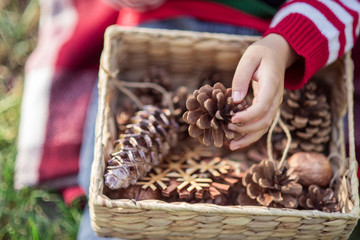 Little boy in sweater and hat waiting for a Christmas in the wood