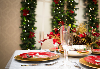 Christmas table setting for celebration at home.