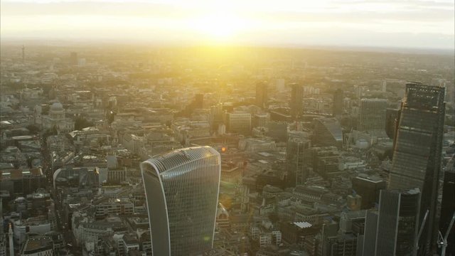 Aerial sunset view of Walkie Talkie building in the capital city of London UK