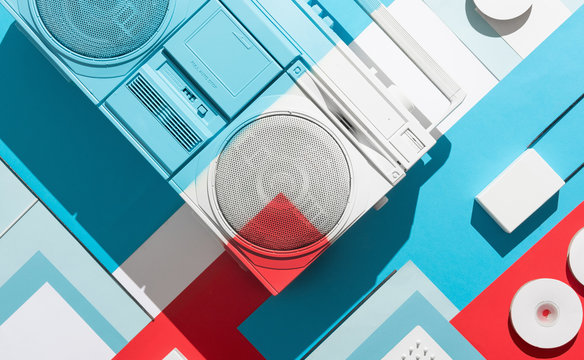Boom box /cassette player in abstract designed composition.