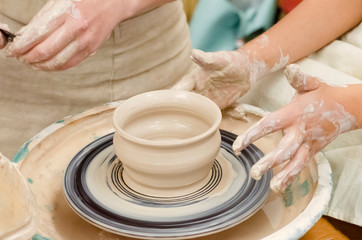 Making of pottery. handicraft. pottery training. technology for the manufacture of clay products