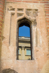 Building reflected in a window of Biserica Cretulescu (Kretzulescu Church), Bucharest, Romania