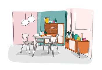 interior design vector illustration.  hand dining room, living room furniture. 