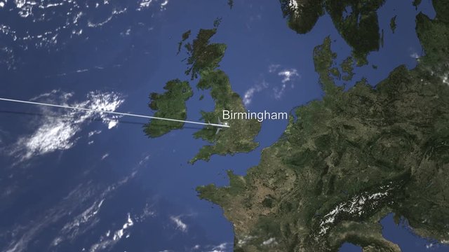 Route of a commercial plane flying to Birmingham, United kingdom on the map. Intro 3D animation 