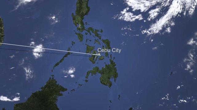 Commercial airplane flying to Cebu city, Philippines. Intro 3D animation 