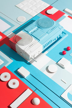Boom box /cassette player in abstract designed composition.